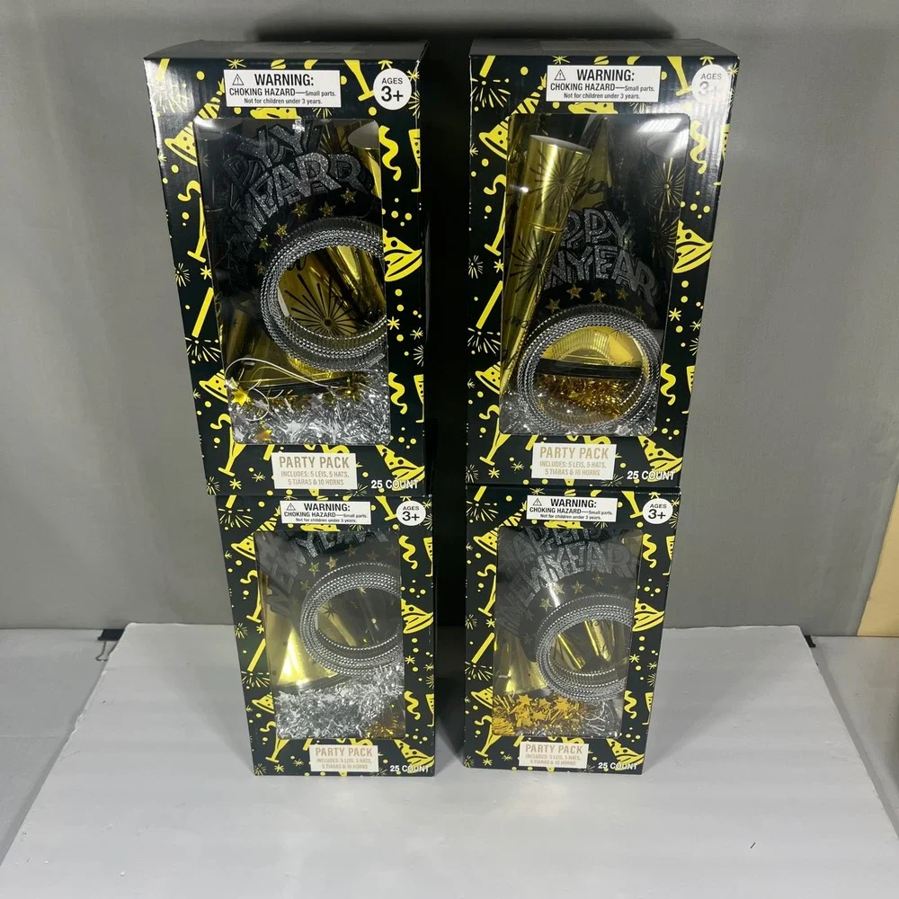 Festive Voice Party Pack Happy New Year- 25 Pcs - Set of 4 Black Gold Silver OS